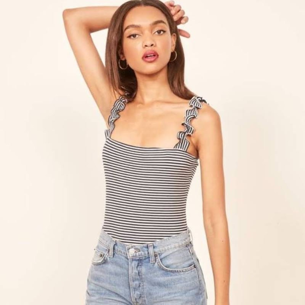REFORMATION striped ruffle strap Hampton bodysuit